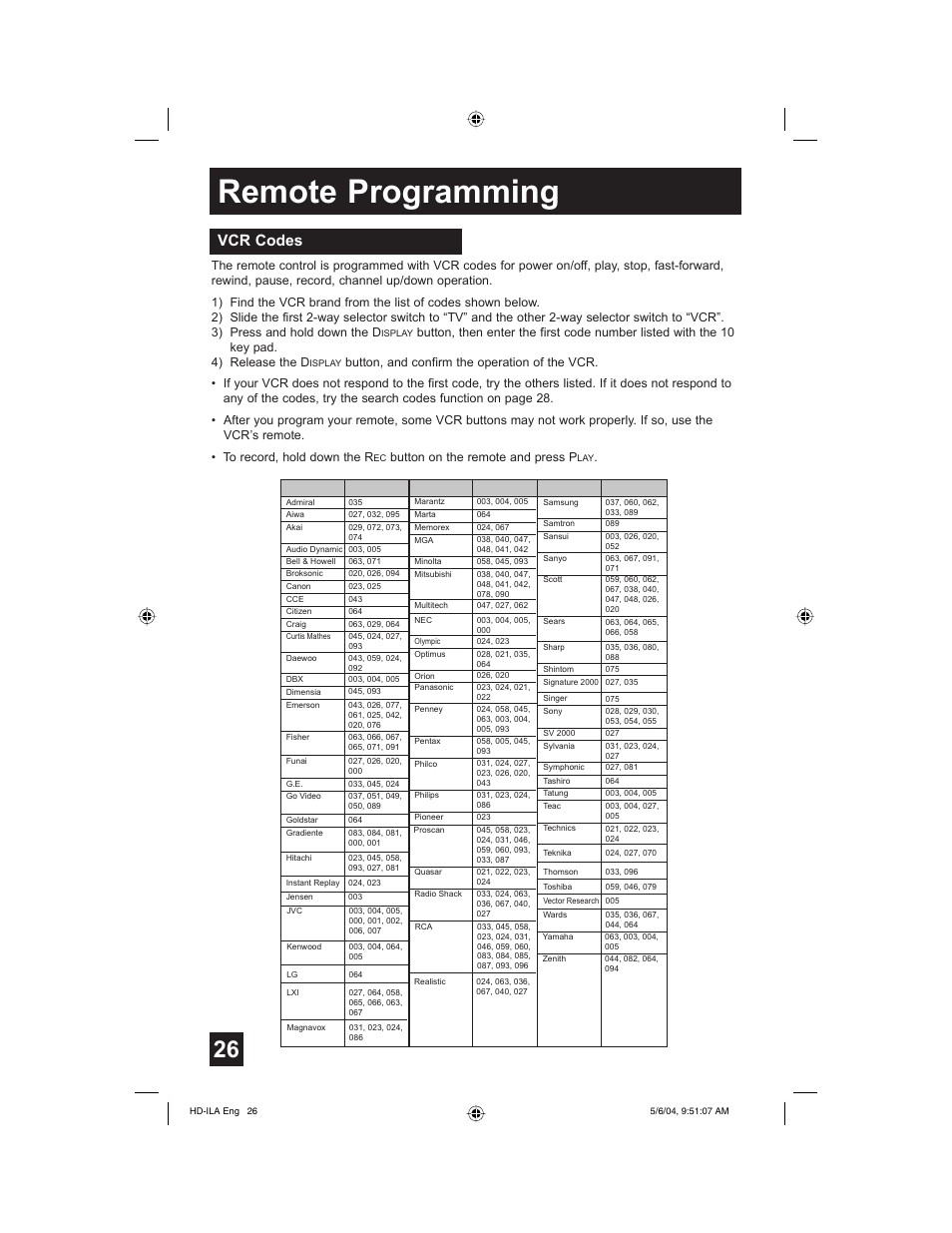 Vcr codes, Remote programming | Mintek HD-61Z575 User Manual | Page 26 / 80