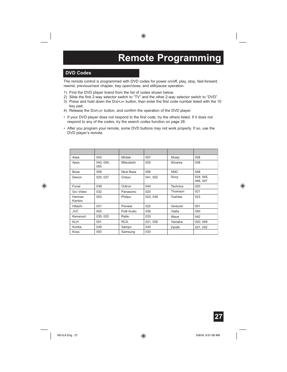 Dvd codes, Remote programming | Mintek HD-61Z575 User Manual | Page 27 / 80