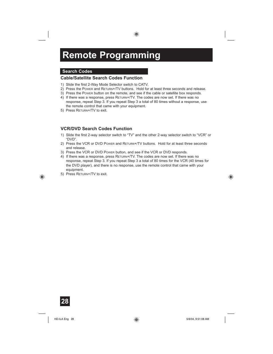 Search codes, Remote programming | Mintek HD-61Z575 User Manual | Page 28 / 80