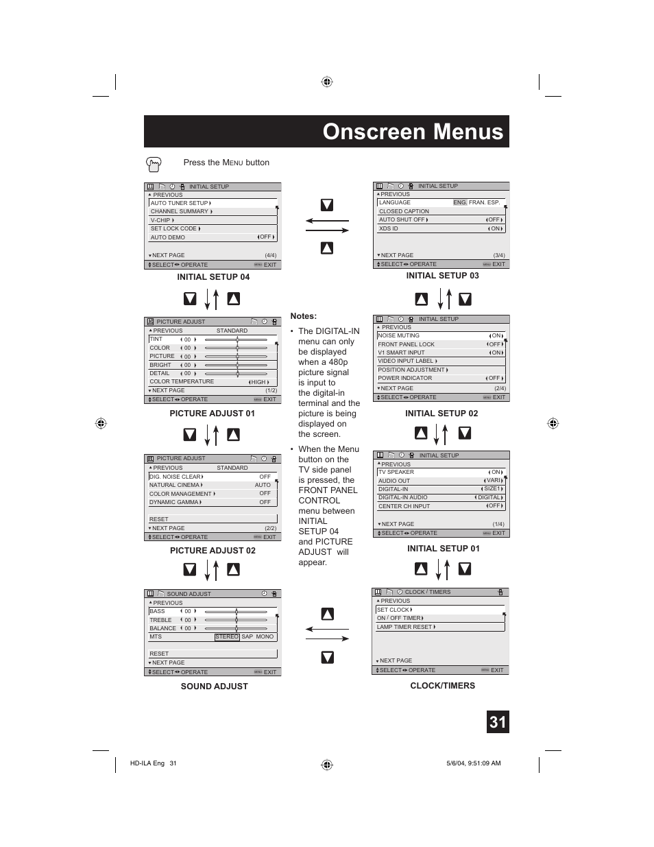 Onscreen menus, Press the m, Button | Clock/timers, Initial setup 03 initial setup 02, Initial setup 01 | Mintek HD-61Z575 User Manual | Page 31 / 80