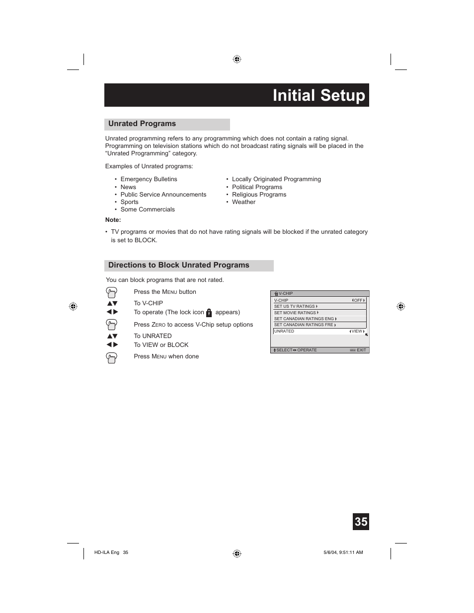 Initial setup, Directions to block unrated programs, Unrated programs | Mintek HD-61Z575 User Manual | Page 35 / 80