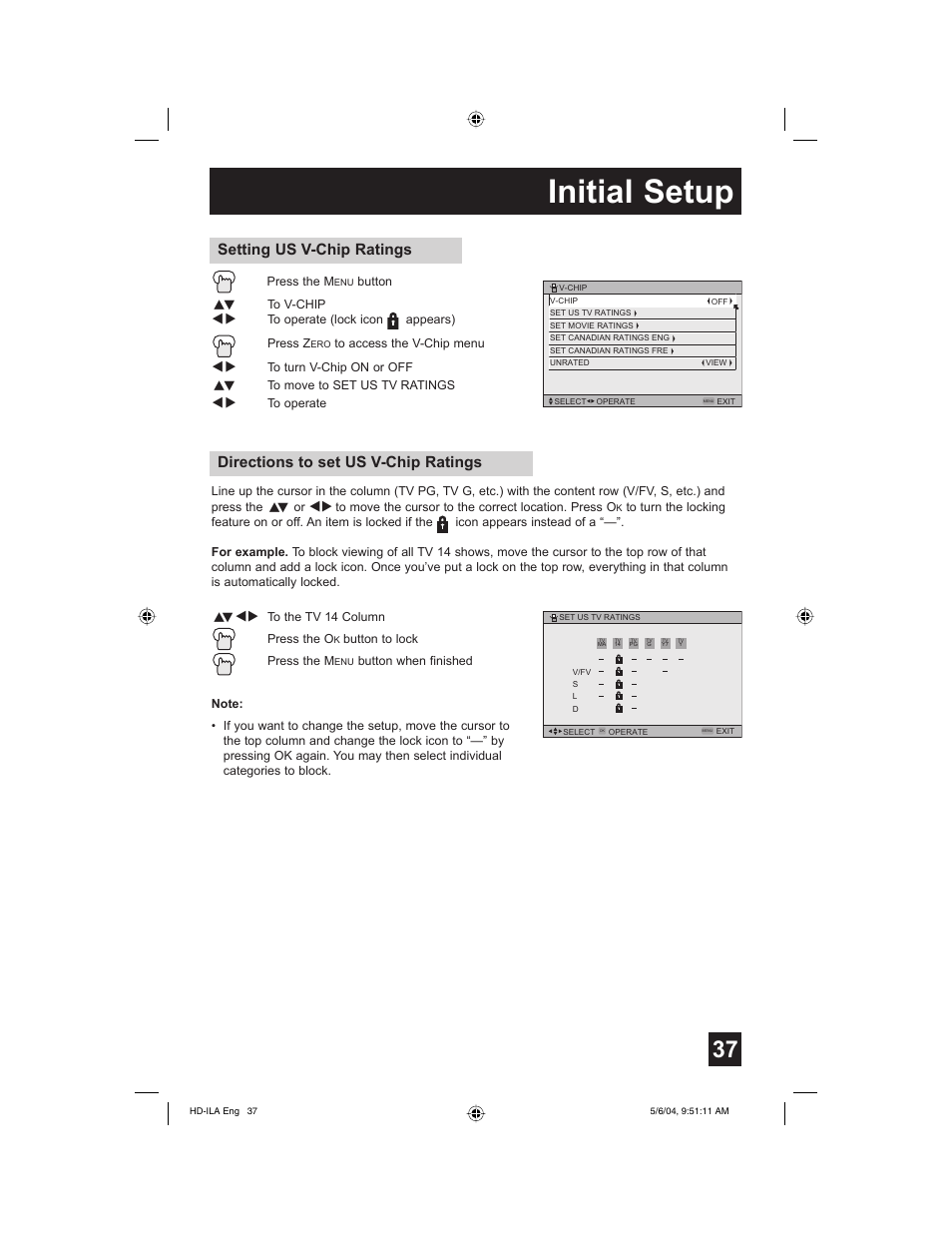 Initial setup, Directions to set us v-chip ratings, Setting us v-chip ratings | Mintek HD-61Z575 User Manual | Page 37 / 80