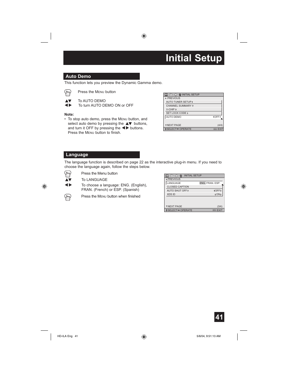 Auto demo, Language, Initial setup | Mintek HD-61Z575 User Manual | Page 41 / 80