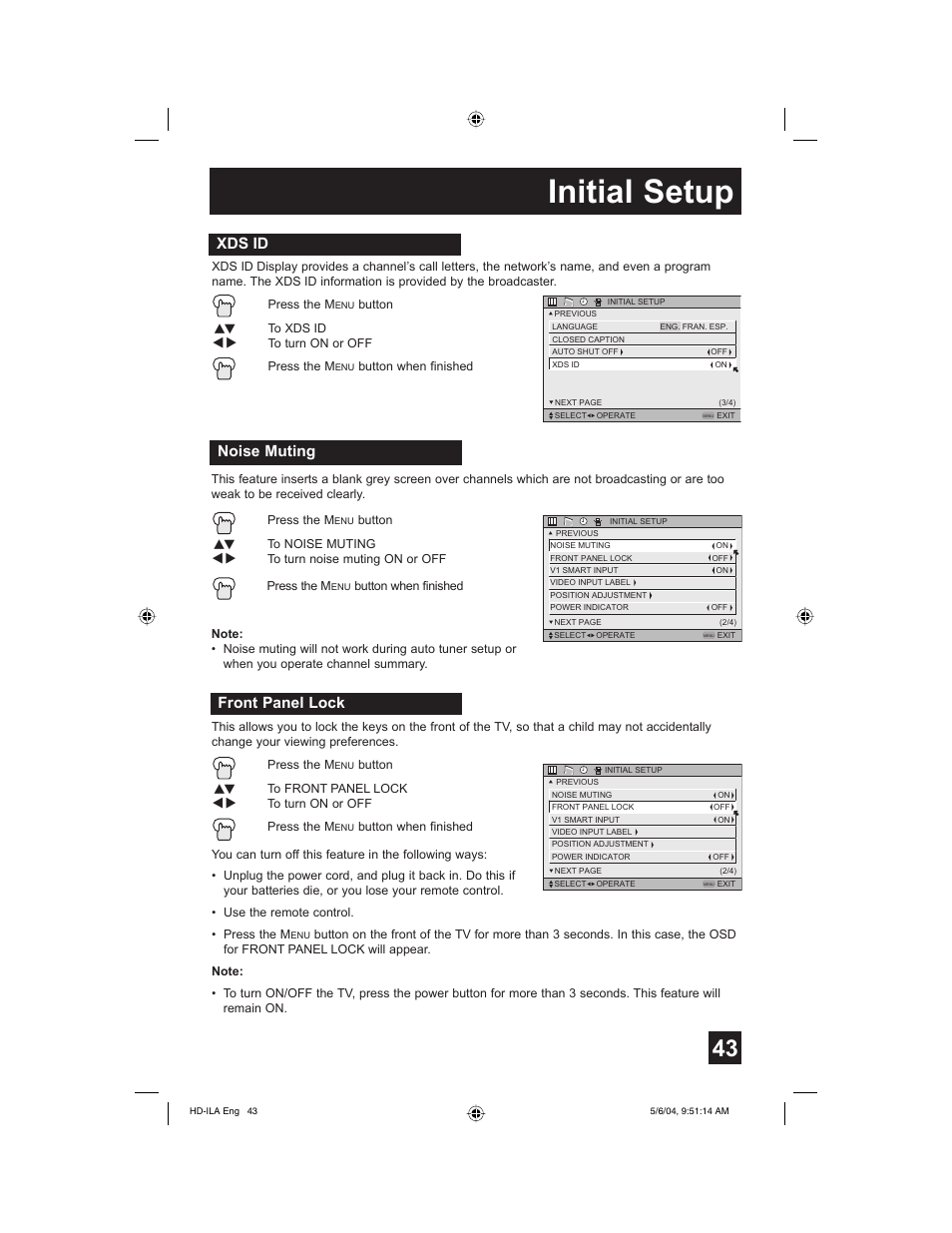 Xds id, Noise muting, Front panel lock | Initial setup | Mintek HD-61Z575 User Manual | Page 43 / 80