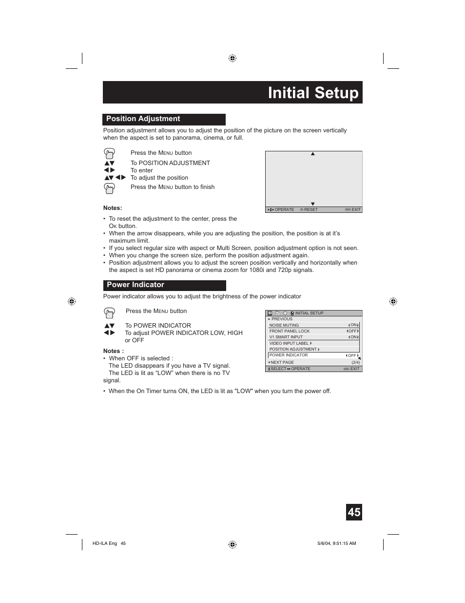 Position adjustment, Power indicator, Initial setup | Mintek HD-61Z575 User Manual | Page 45 / 80