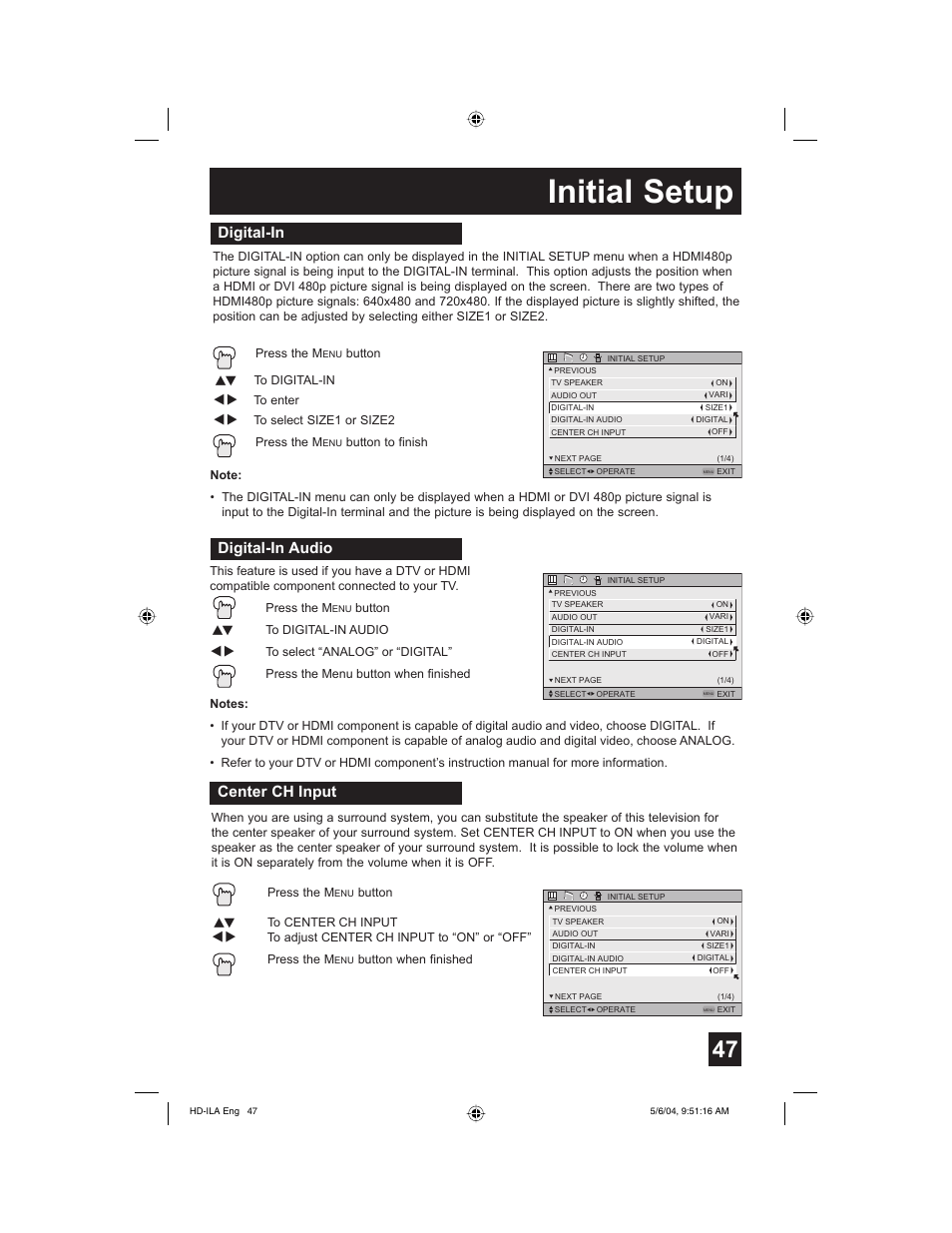 Digital-in, Digital-in audio, Center ch input | Initial setup | Mintek HD-61Z575 User Manual | Page 47 / 80