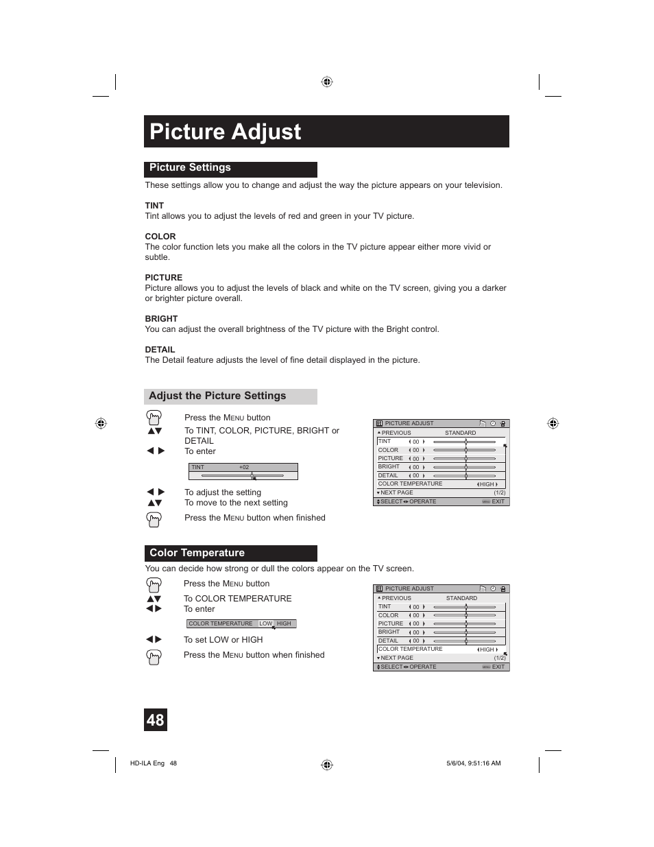 Picture adjust, Picture settings, Adjust the picture settings | Color temperature | Mintek HD-61Z575 User Manual | Page 48 / 80