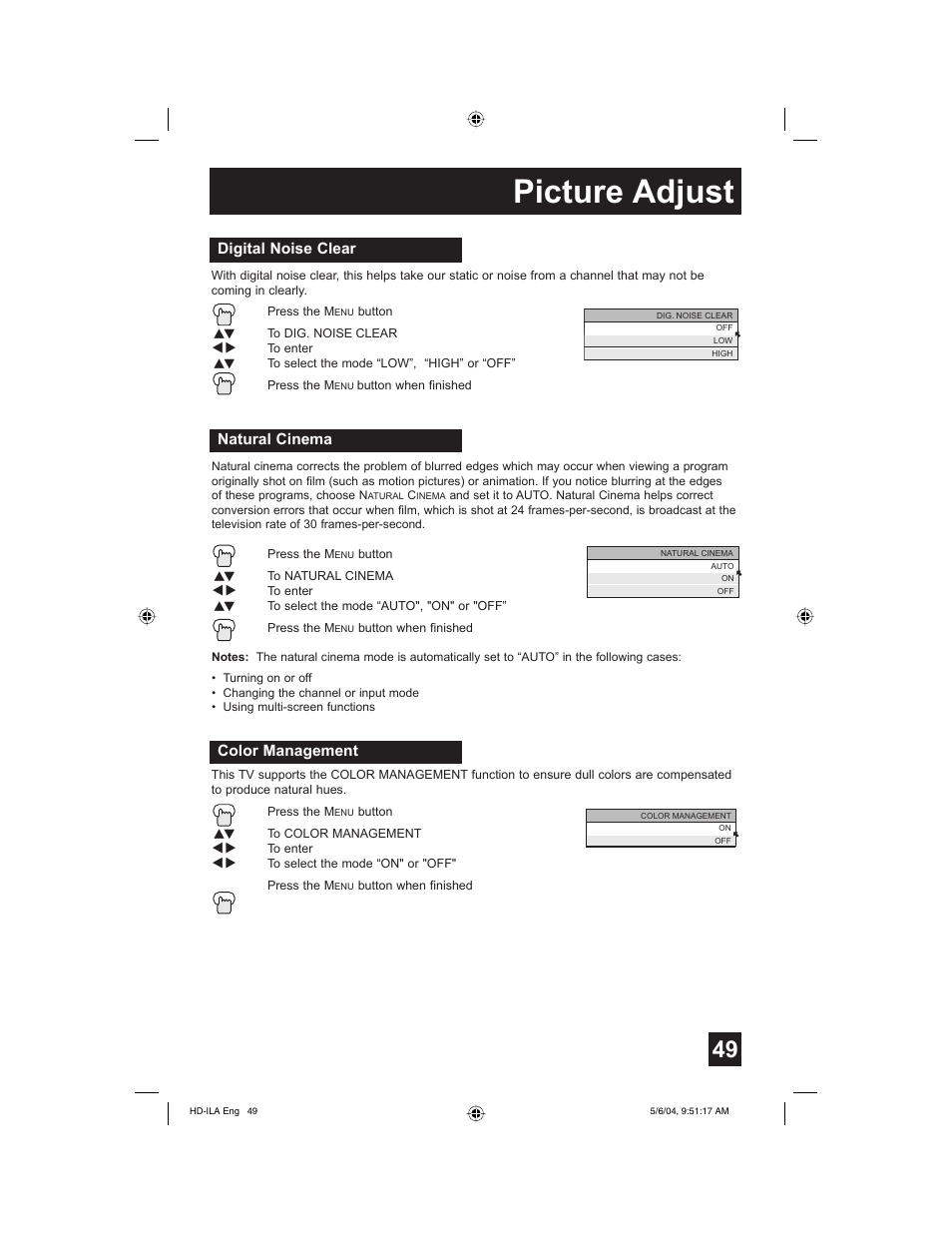 Digital noise clear, Natural cinema, Color management | Picture adjust | Mintek HD-61Z575 User Manual | Page 49 / 80