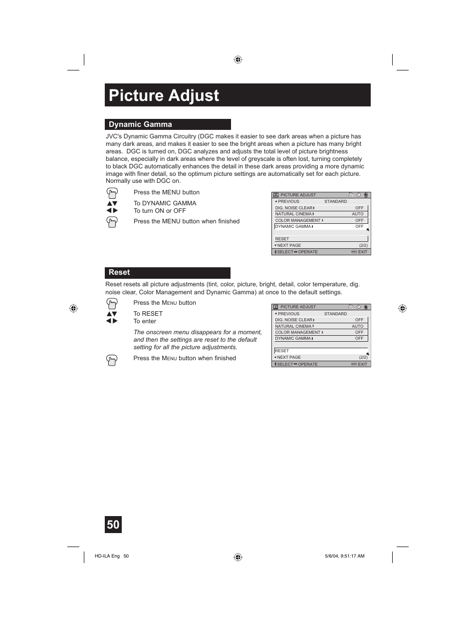 Dynamic gamma, Reset, Picture adjust | Mintek HD-61Z575 User Manual | Page 50 / 80