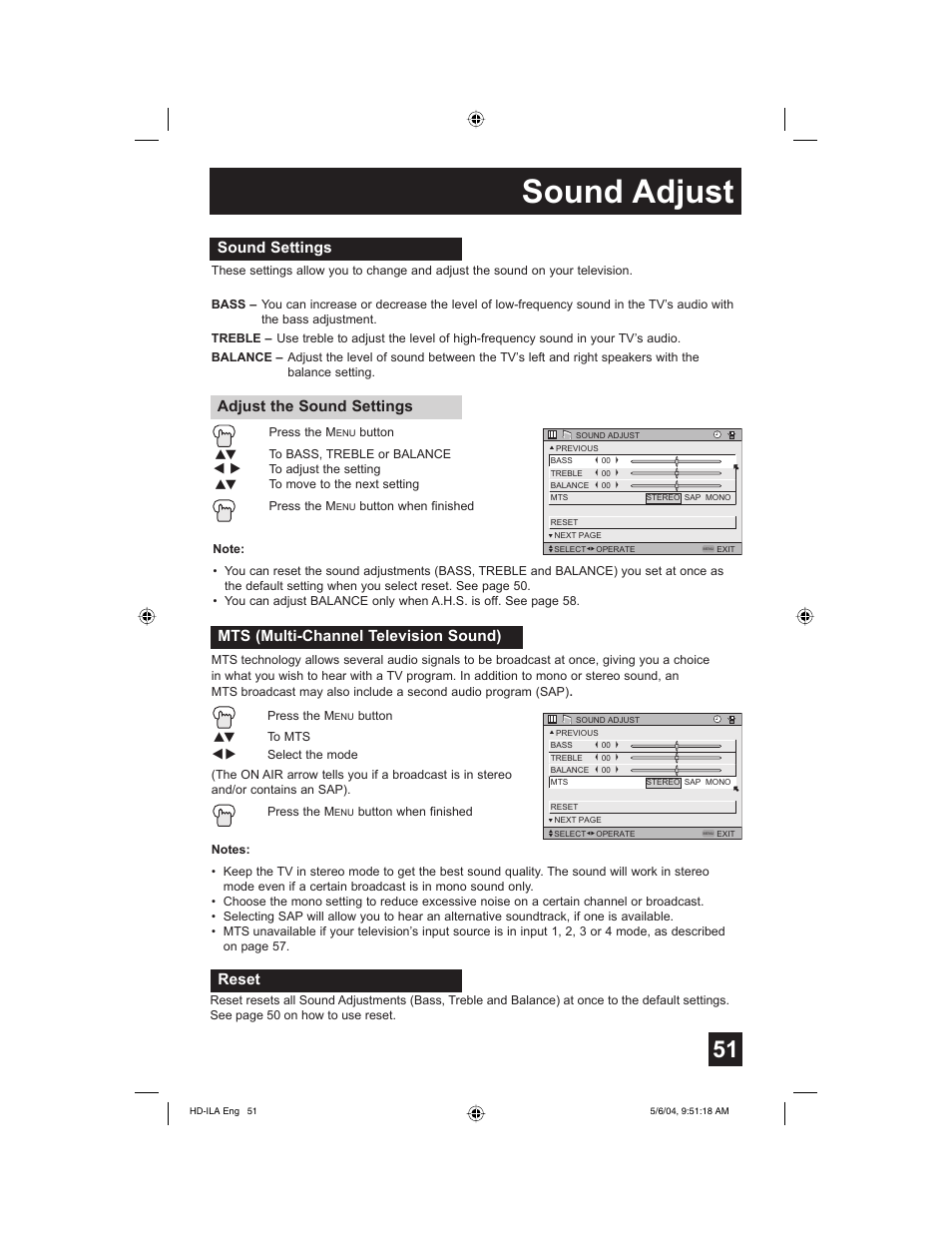 Sound adjust, Sound settings, Adjust the sound settings | Mts (multi-channel television sound), Reset | Mintek HD-61Z575 User Manual | Page 51 / 80