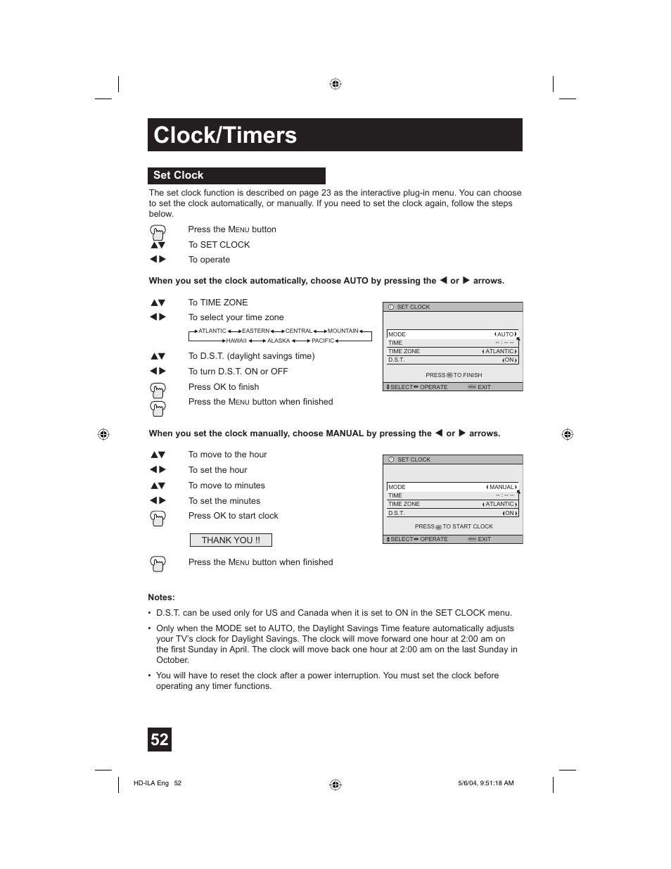 Clock/timers, Set clock | Mintek HD-61Z575 User Manual | Page 52 / 80