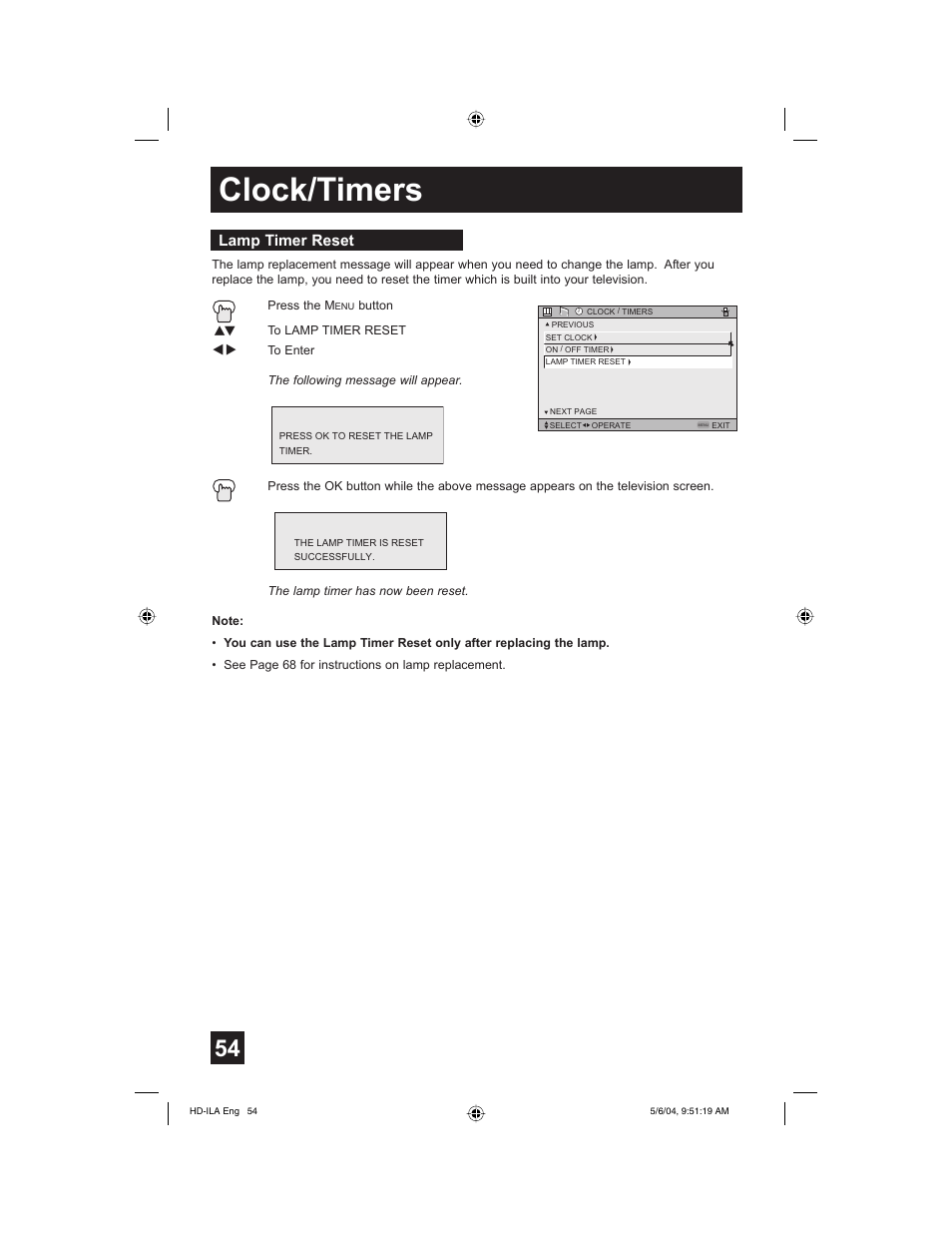 Lamp timer reset, Clock/timers | Mintek HD-61Z575 User Manual | Page 54 / 80