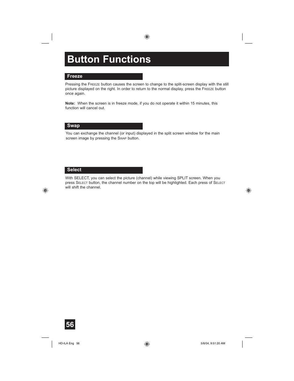 Freeze, Swap, Select | Button functions | Mintek HD-61Z575 User Manual | Page 56 / 80