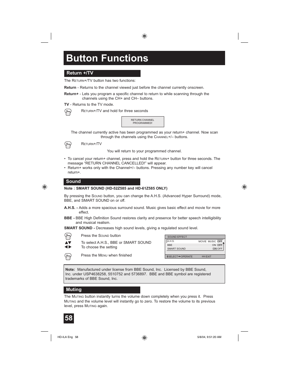 Return +/tv, Sound, Muting | Button functions | Mintek HD-61Z575 User Manual | Page 58 / 80