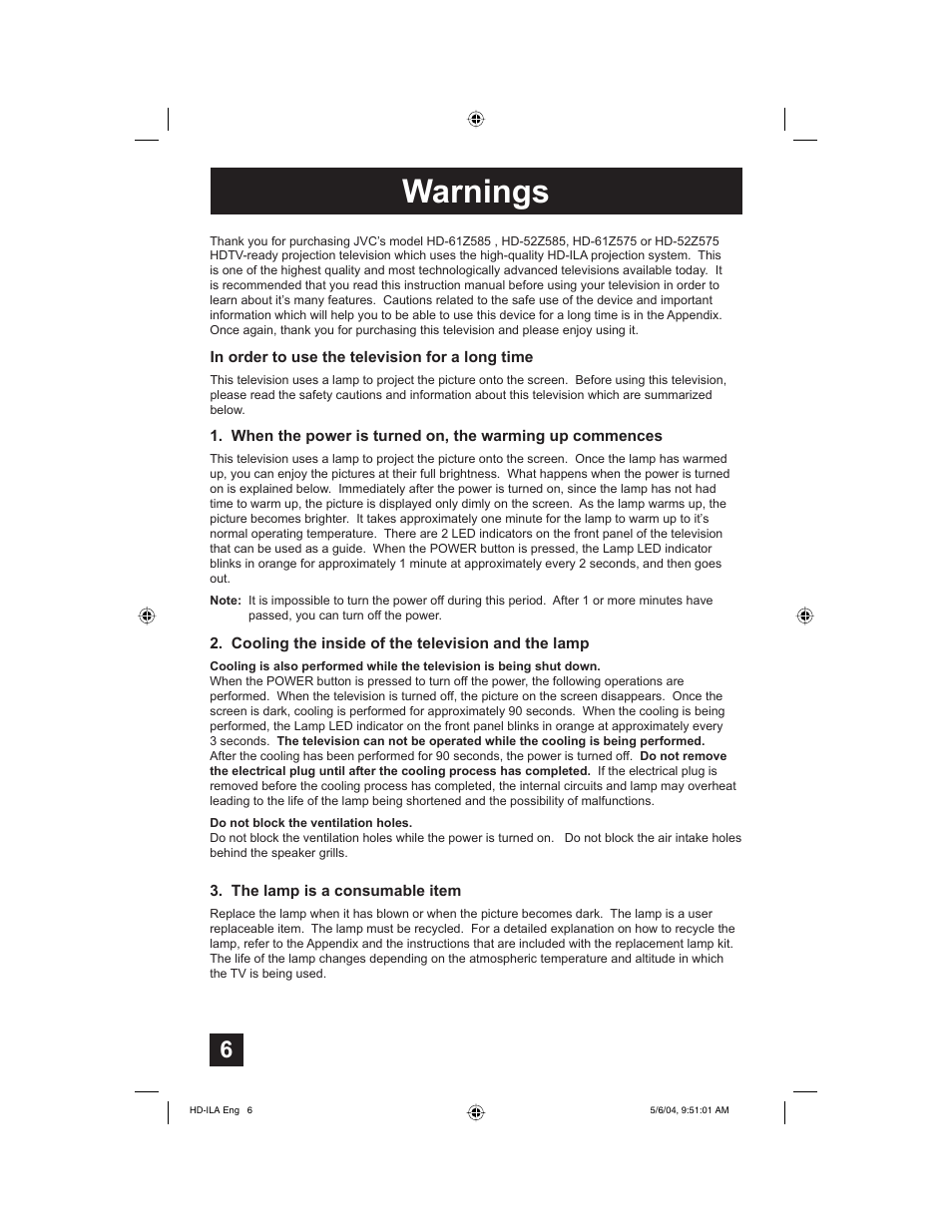 Warnings | Mintek HD-61Z575 User Manual | Page 6 / 80