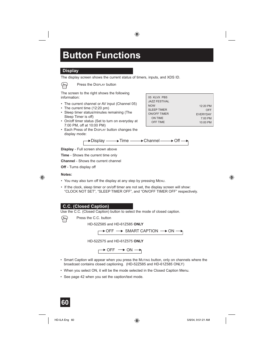 Display, C.c. (closed caption), Button functions | Mintek HD-61Z575 User Manual | Page 60 / 80