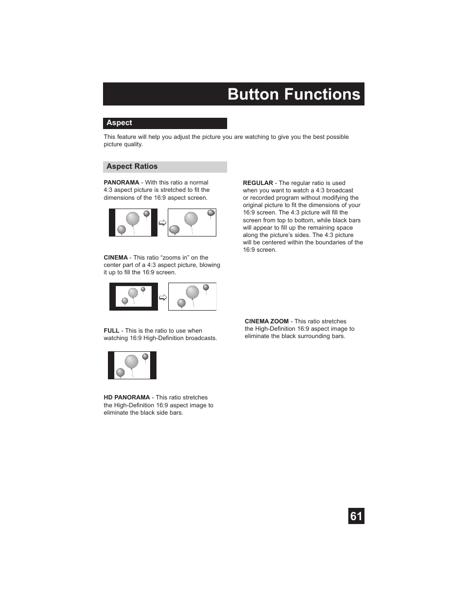 Aspect, Aspect ratios, Button functions | Mintek HD-61Z575 User Manual | Page 61 / 80