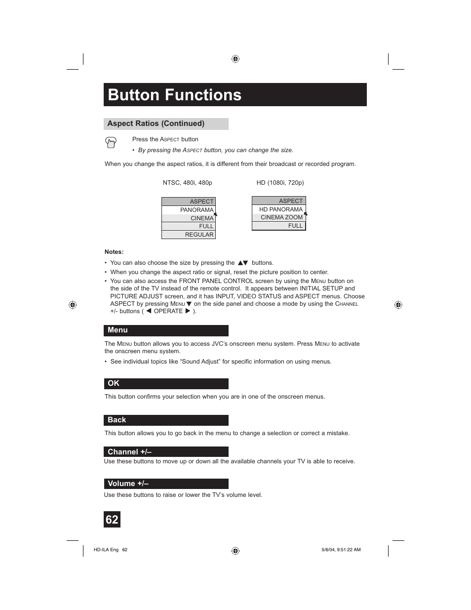 Menu, Back, Channel | Volume, Button functions | Mintek HD-61Z575 User Manual | Page 62 / 80