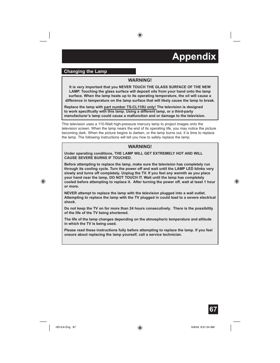 Changing the lamp, Appendix | Mintek HD-61Z575 User Manual | Page 67 / 80