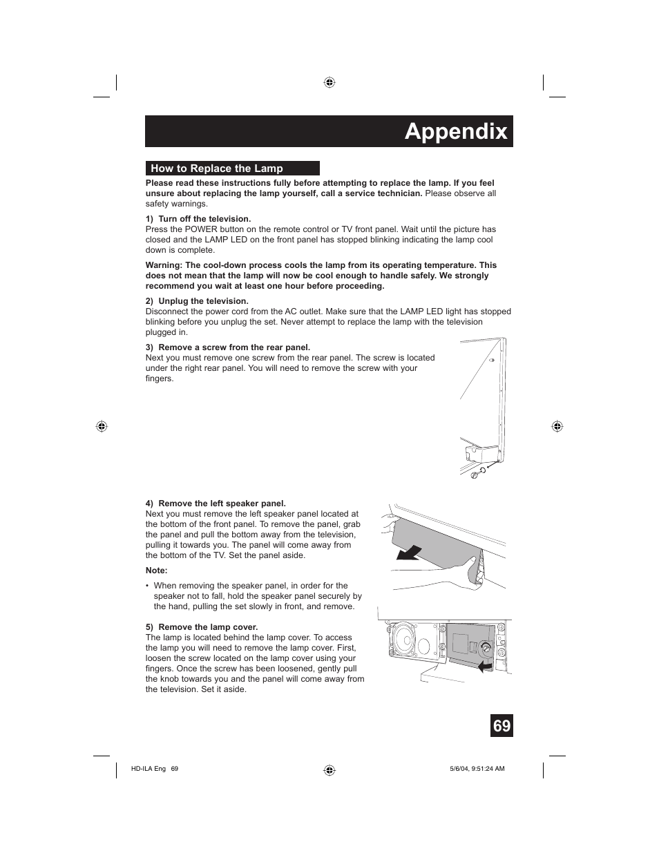 How to replace the lamp, Appendix | Mintek HD-61Z575 User Manual | Page 69 / 80