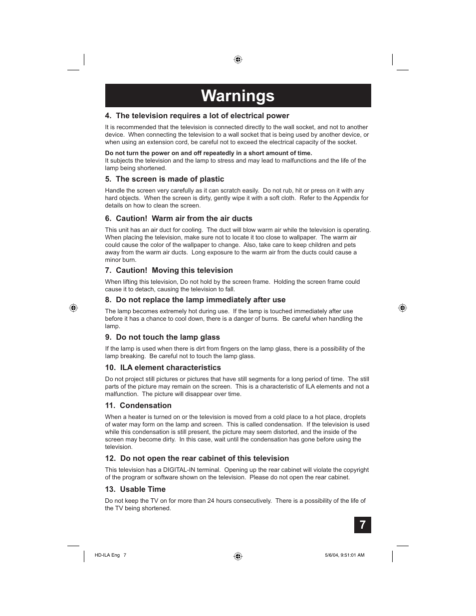 Warnings | Mintek HD-61Z575 User Manual | Page 7 / 80