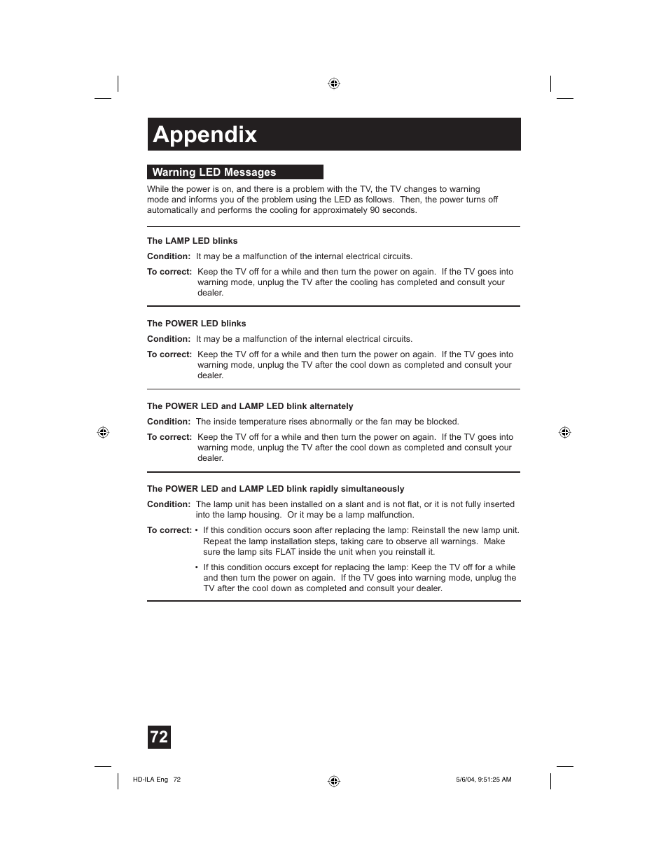 Warning led messages, Appendix | Mintek HD-61Z575 User Manual | Page 72 / 80