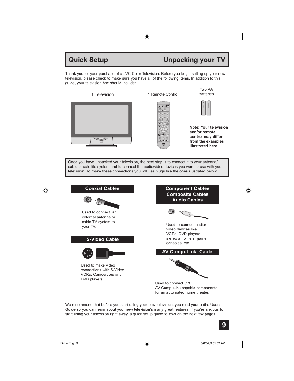 Quick setup, Unpacking your tv, Quick setup unpacking your tv | Coaxial cables, S-video cable, Component cables composite cables audio cables, Av compulink cable | Mintek HD-61Z575 User Manual | Page 9 / 80