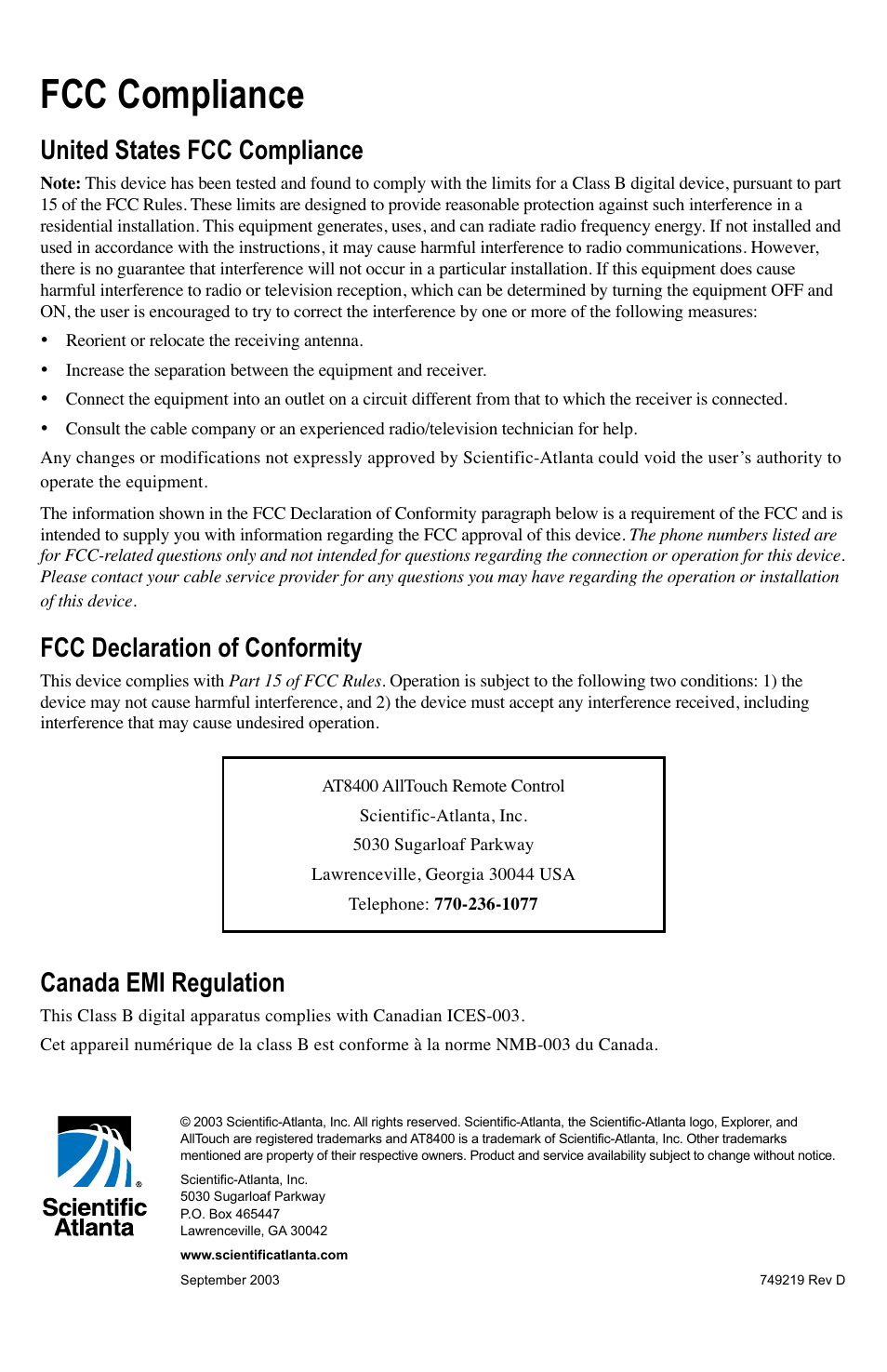 Fcc compliance, United states fcc compliance, Fcc declaration of conformity | Canada emi regulation | Mintek AT8400 User Manual | Page 20 / 20