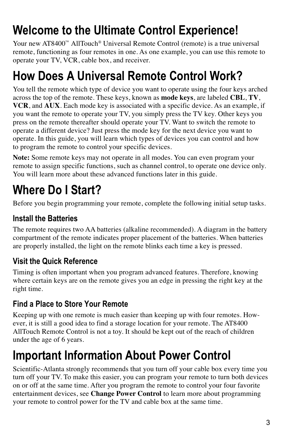 Welcome to the ultimate control experience, How does a universal remote control work, Where do i start | Important information about power control | Mintek AT8400 User Manual | Page 3 / 20