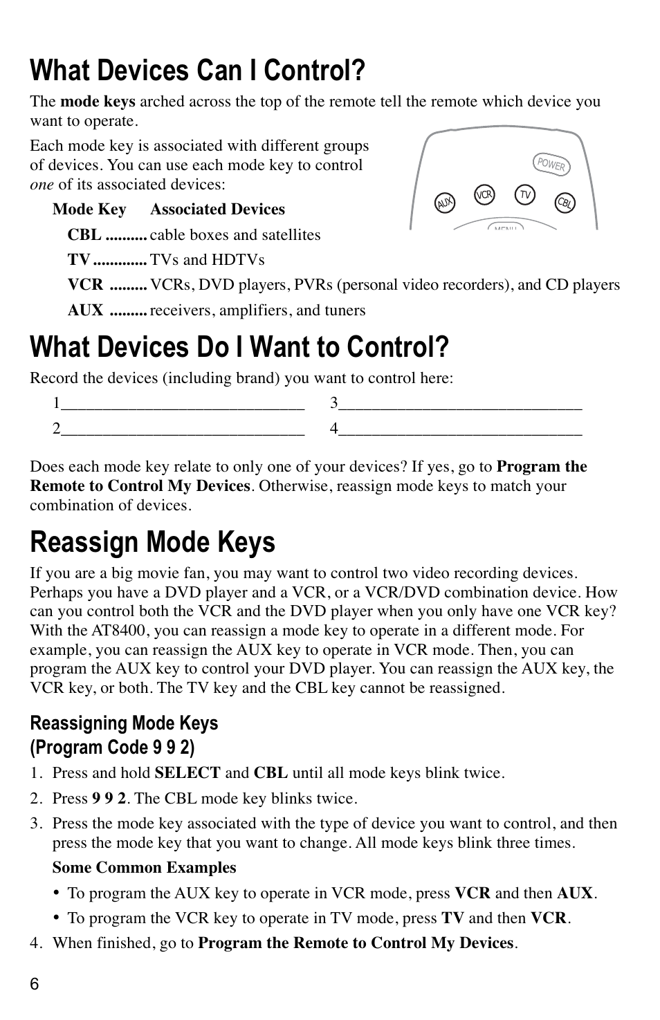 What devices can i control, What devices do i want to control, Reassign mode keys | Mintek AT8400 User Manual | Page 6 / 20