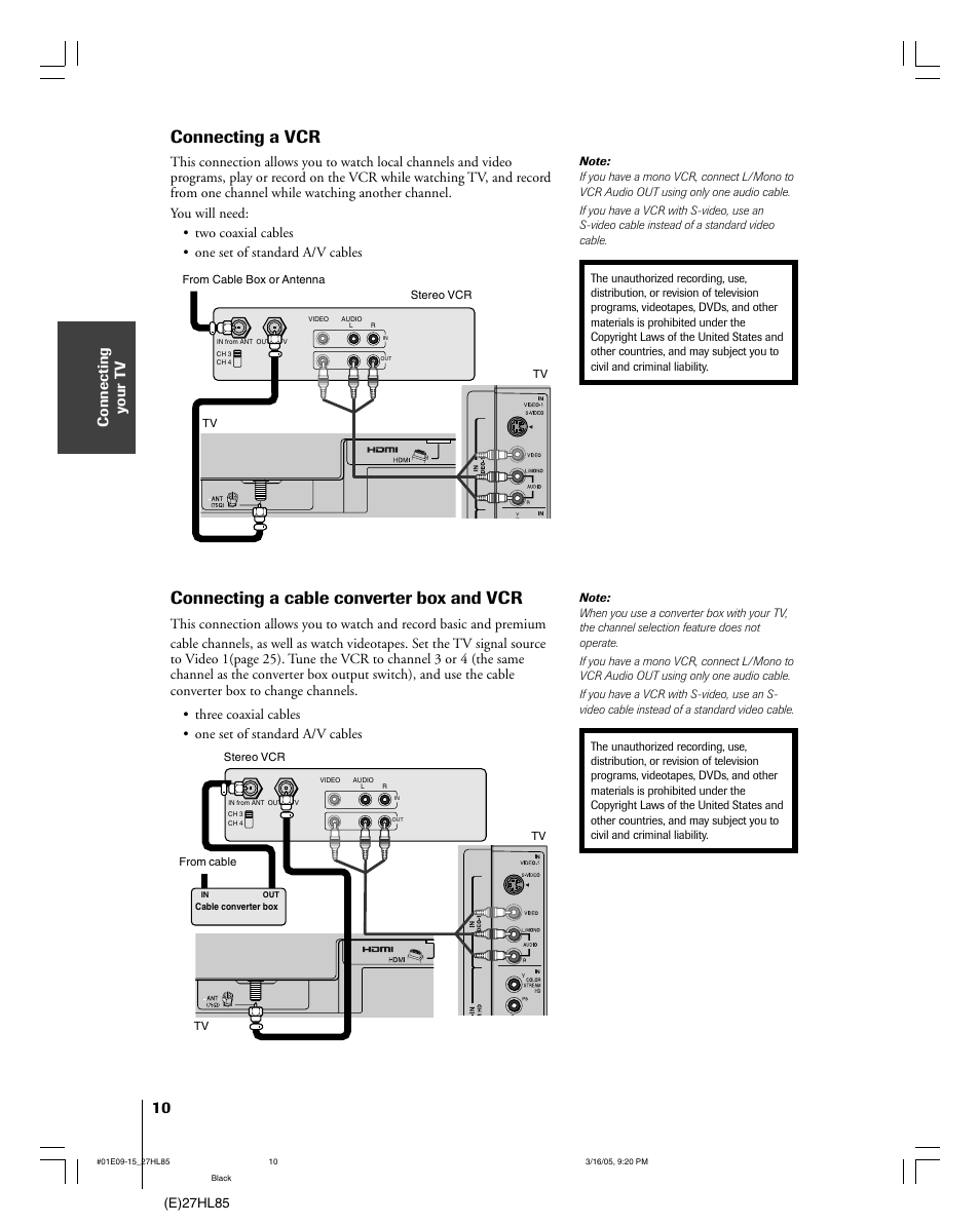 Connecting a vcr, Connecting a cable converter box and vcr, Connecting y our t v | Mintek 27HL85 User Manual | Page 10 / 56