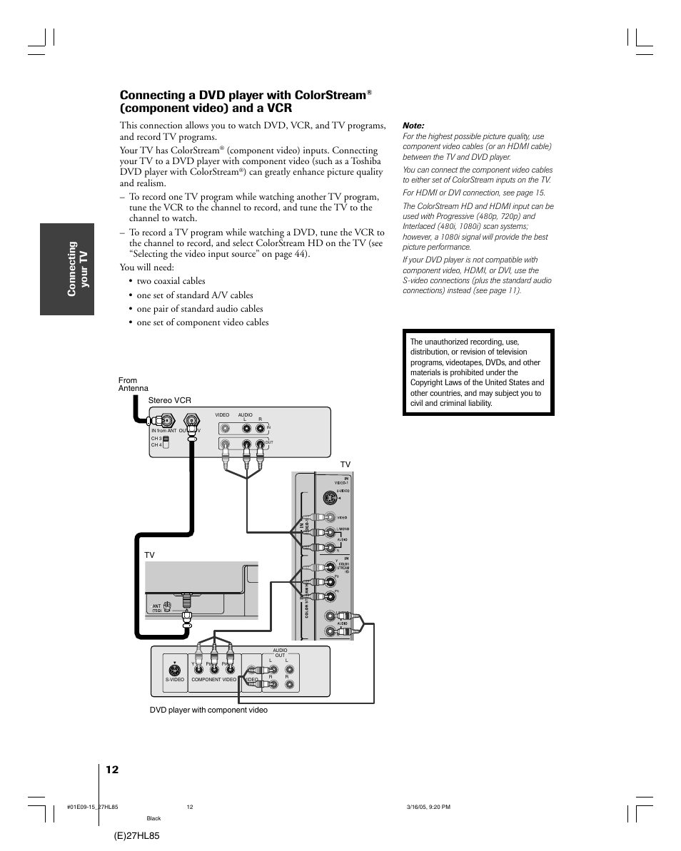 Connecting a dvd player with colorstream, Component video) and a vcr, Connecting y our t v | E)27hl85 | Mintek 27HL85 User Manual | Page 12 / 56