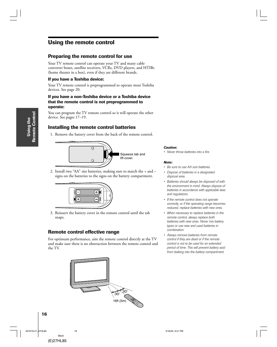 Using the remote control, Preparing the remote control for use, Installing the remote control batteries | Remote control effective range | Mintek 27HL85 User Manual | Page 16 / 56