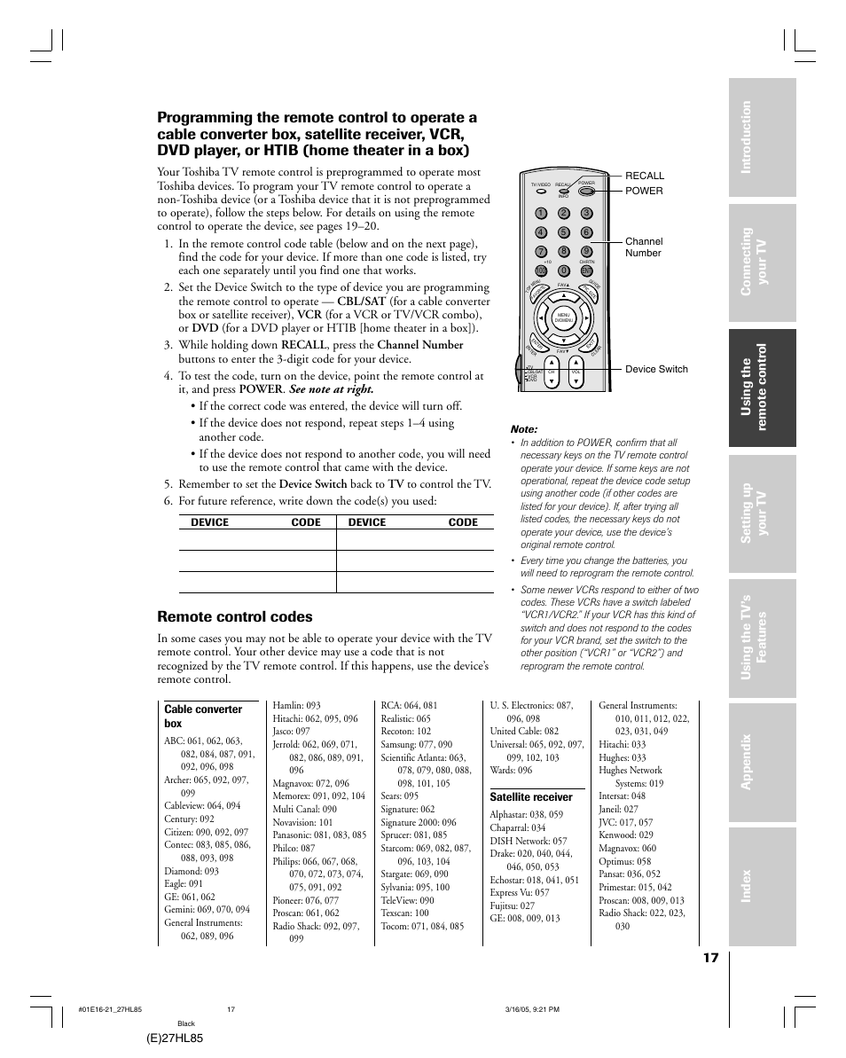 Remote control codes, E)27hl85, Cable converter box | Satellite receiver | Mintek 27HL85 User Manual | Page 17 / 56