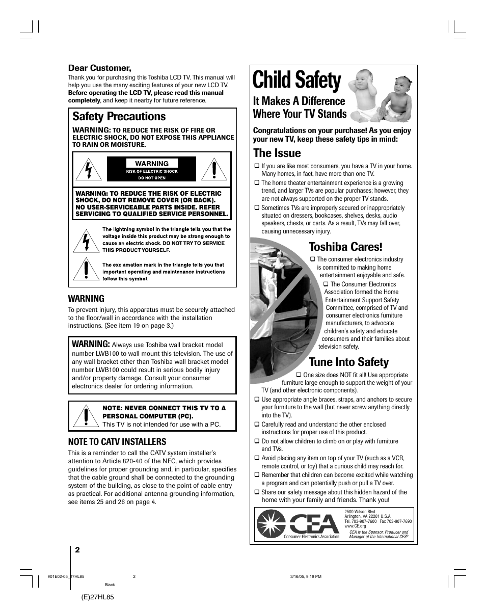 Child safety, Safety precautions, It makes a difference where your tv stands | The issue, Toshiba cares, Tune into safety, Warning | Mintek 27HL85 User Manual | Page 2 / 56