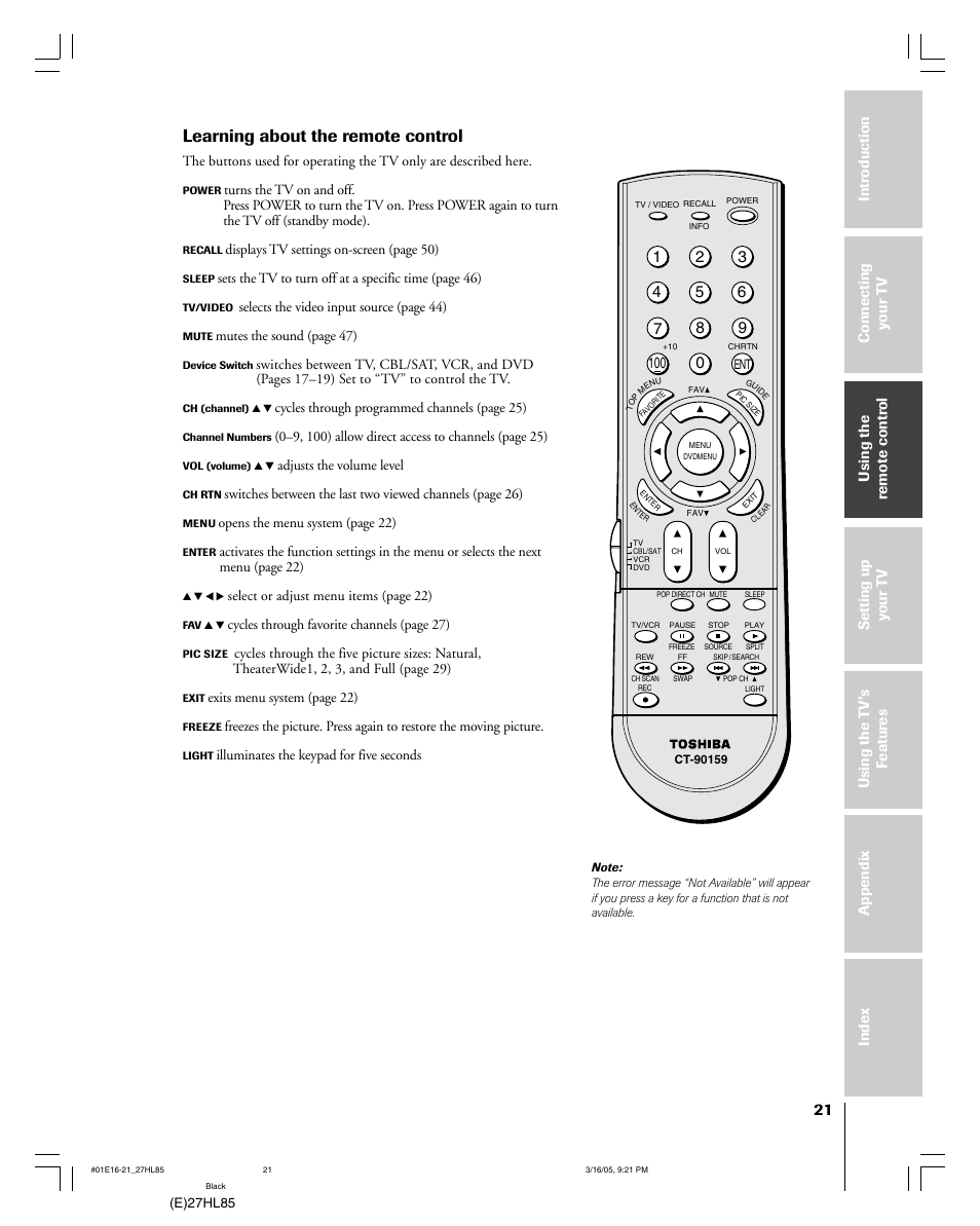 Learning about the remote control | Mintek 27HL85 User Manual | Page 21 / 56