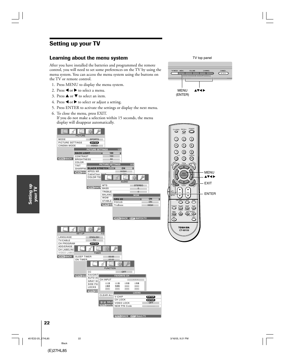 Setting up your tv, Learning about the menu system, Setting up y our t v | E)27hl85 | Mintek 27HL85 User Manual | Page 22 / 56