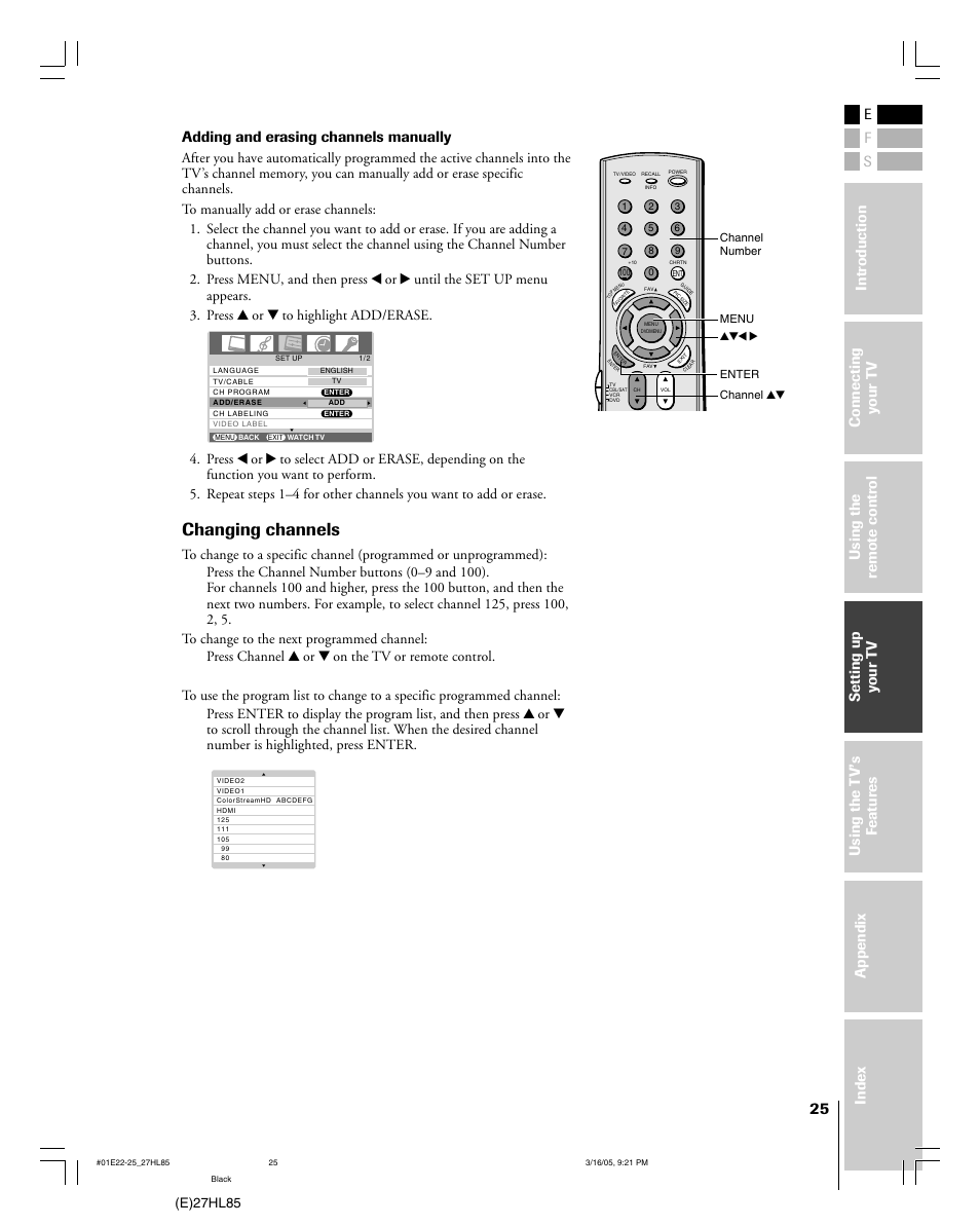 Changing channels, Adding and erasing channels manually, E)27hl85 | Tentative | Mintek 27HL85 User Manual | Page 25 / 56