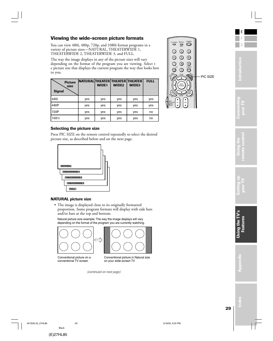 Viewing the wide-screen picture formats, Selecting the picture size, E)27hl85 | Mintek 27HL85 User Manual | Page 29 / 56