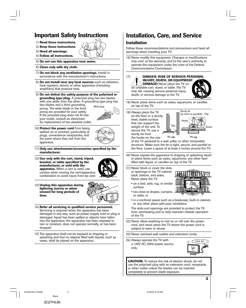 Important safety instructions, Installation, care, and service, Installation | Mintek 27HL85 User Manual | Page 3 / 56