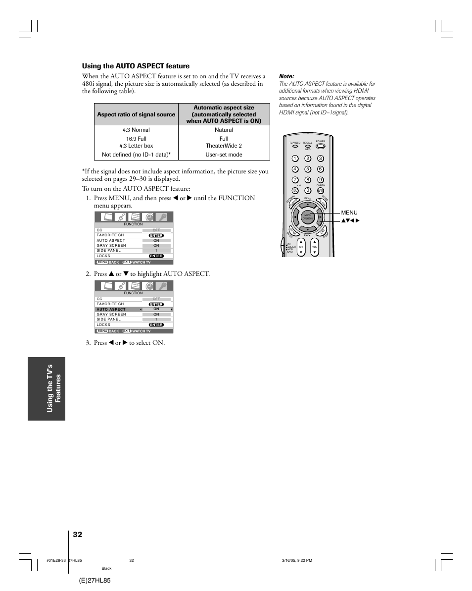 Using the t v’s f eatur es, Using the auto aspect feature, E)27hl85 | Press y or z to highlight auto aspect, Press x or • to select on | Mintek 27HL85 User Manual | Page 32 / 56