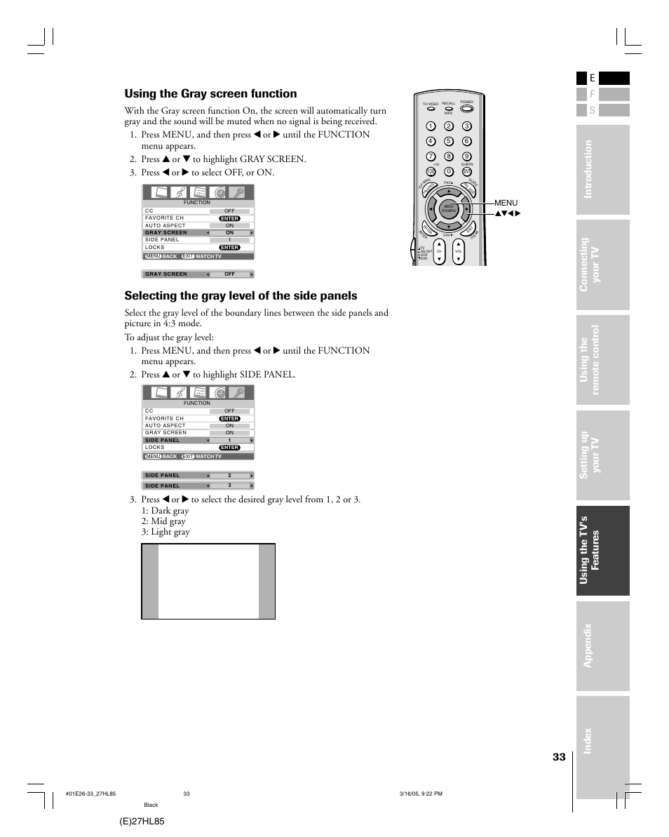 Using the gray screen function, Selecting the gray level of the side panels, E)27hl85 | Mintek 27HL85 User Manual | Page 33 / 56