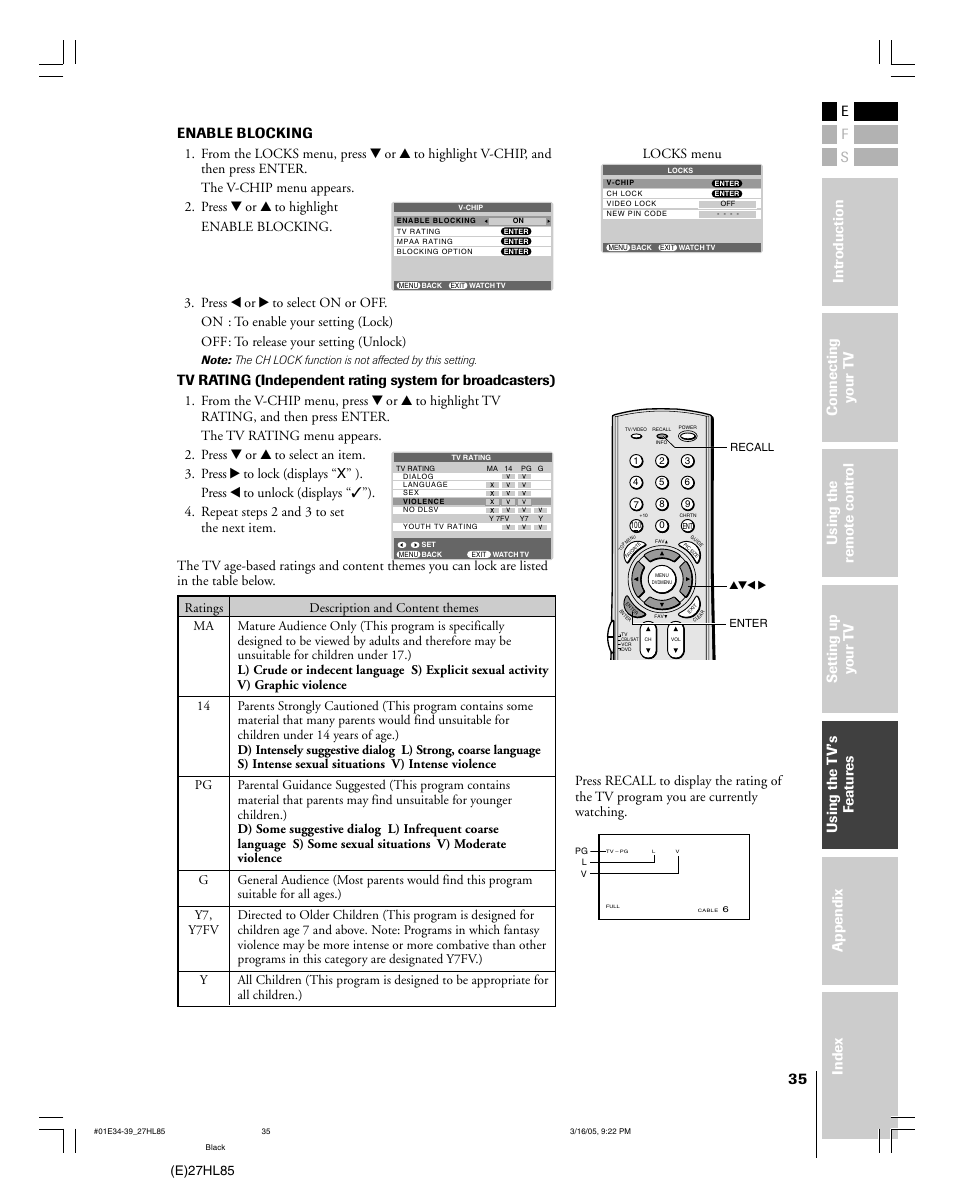 Enable blocking, E)27hl85, Locks menu | Mintek 27HL85 User Manual | Page 35 / 56