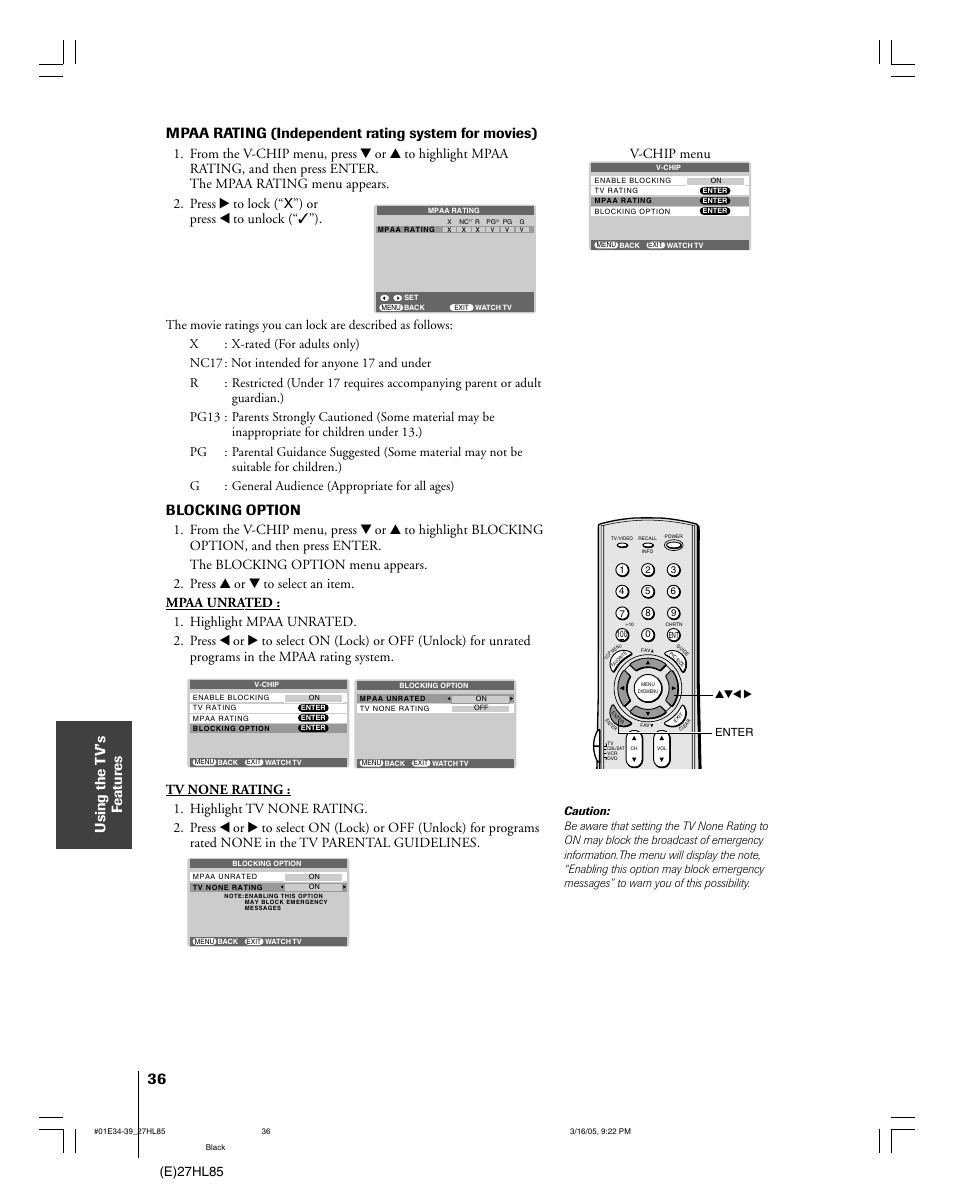 Using the t v’s f eatur es, Mpaa rating (independent rating system for movies), Blocking option | E)27hl85, V-chip menu | Mintek 27HL85 User Manual | Page 36 / 56