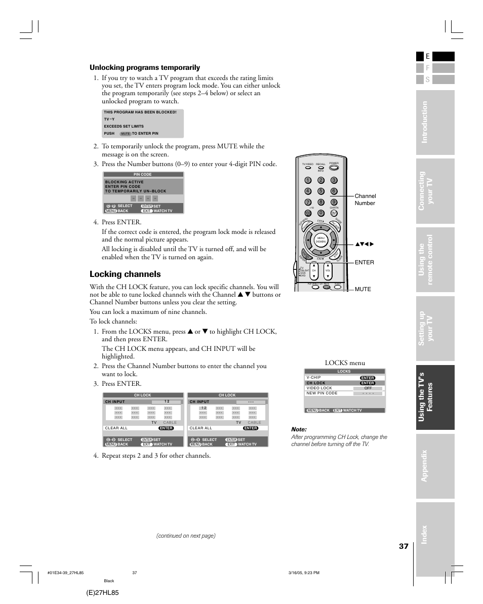 Locking channels, Unlocking programs temporarily, E)27hl85 | Mintek 27HL85 User Manual | Page 37 / 56