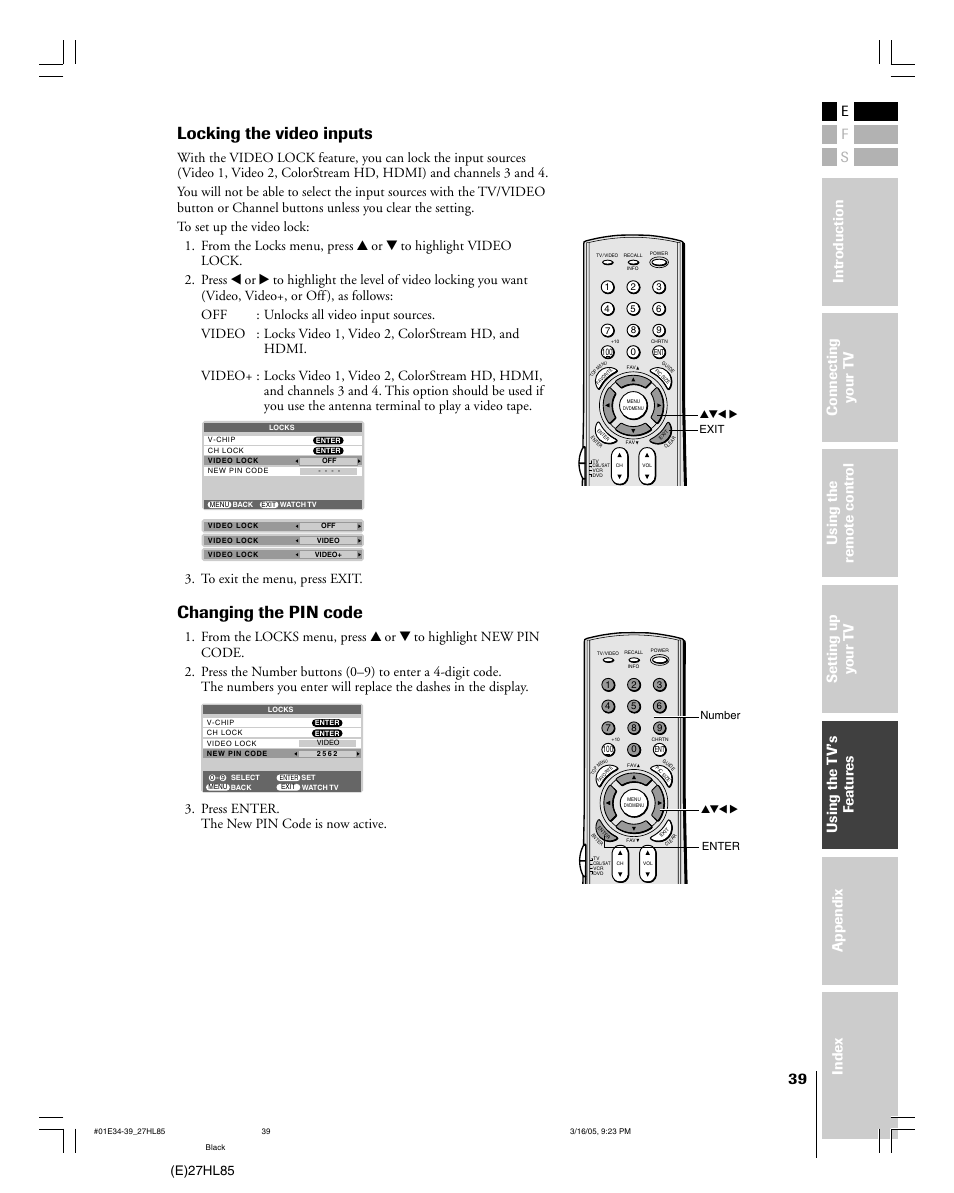 Locking the video inputs, Changing the pin code, E)27hl85 | Mintek 27HL85 User Manual | Page 39 / 56