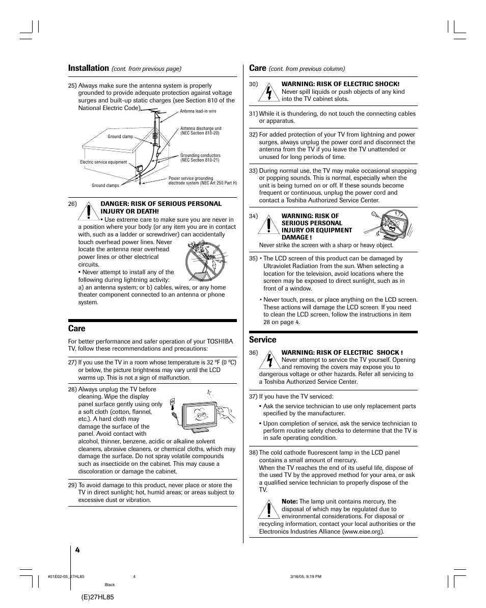 Care, Service, Installation | Mintek 27HL85 User Manual | Page 4 / 56