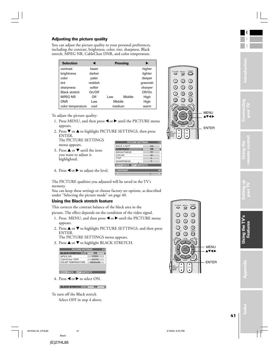 Using the black stretch feature, Adjusting the picture quality, E)27hl85 | Mintek 27HL85 User Manual | Page 41 / 56