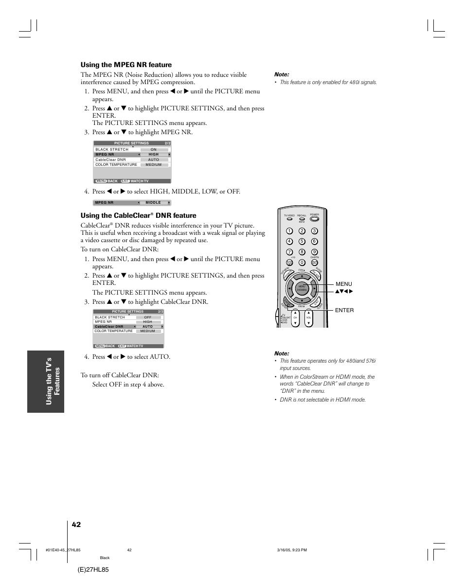 Using the t v’s f eatur es, Using the mpeg nr feature, Using the cableclear | Dnr feature, E)27hl85, Cableclear | Mintek 27HL85 User Manual | Page 42 / 56