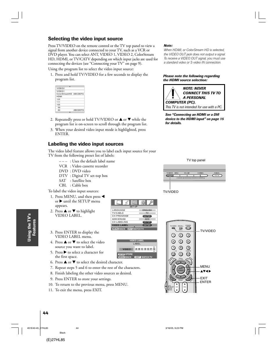 Selecting the video input source, Labeling the video input sources, Using the t v’s f eatur es | E)27hl85 | Mintek 27HL85 User Manual | Page 44 / 56